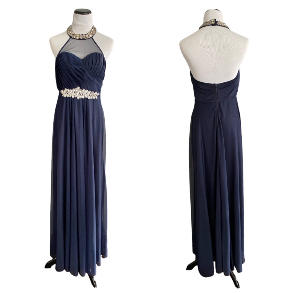 My Michelle Formal Long Navy Halter Dress Jewel Accents Size 9